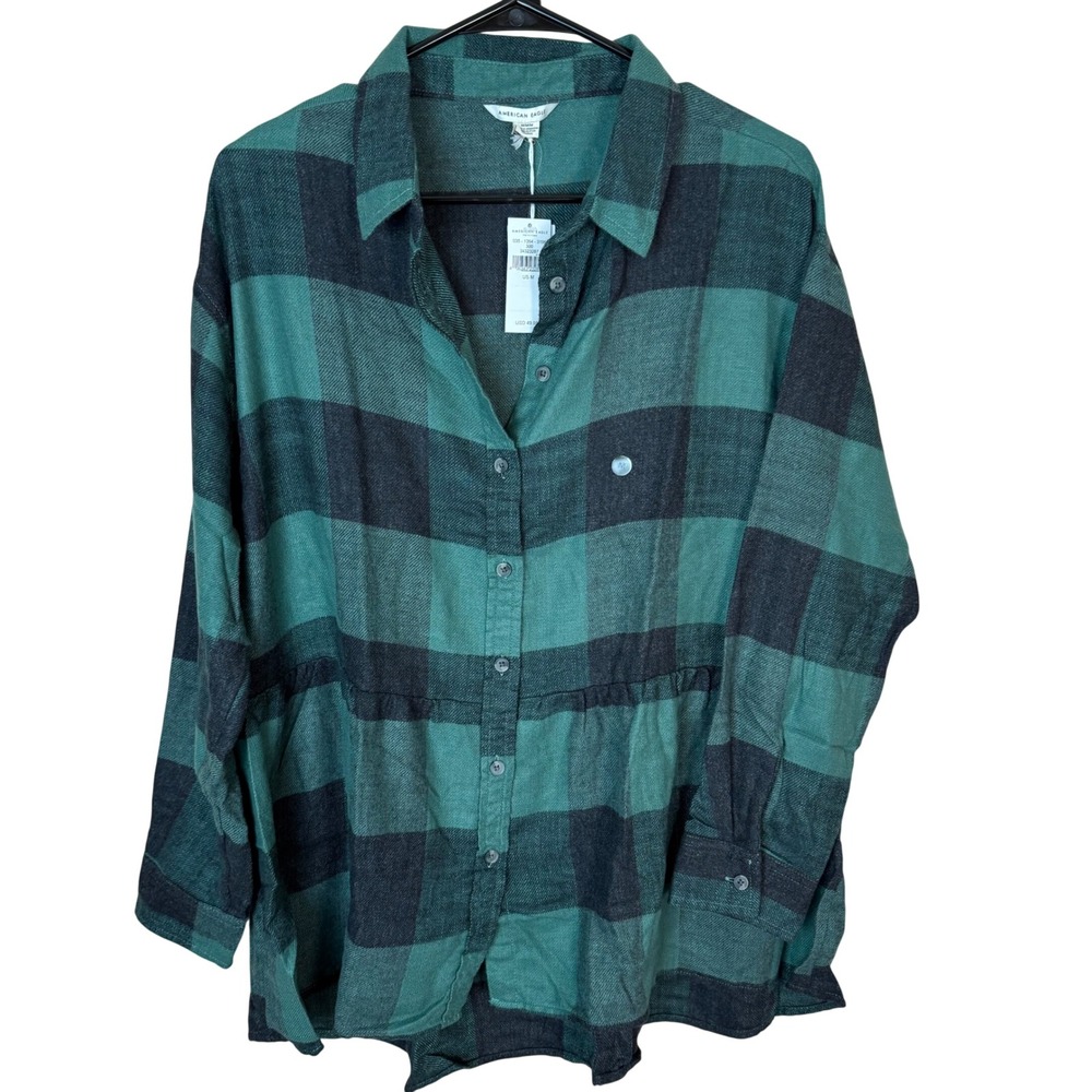 American Eagle Outfitters Plaid Peplum Button Up Shirt Green Black Womens Medium